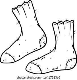Set of old socks. Black and white hand drawn cartoon illustration. Warm clothing for feet.