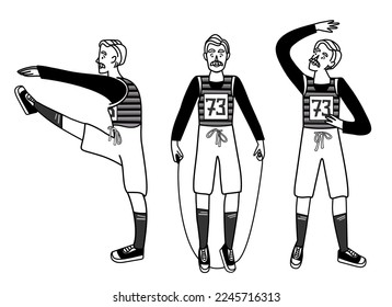 A set of old man’s sport activities. Senior exercising, stretching and jumping rope. Flat vector illustration isolated on white. Elderly people healthy lifestyle concept. Sport for pensioners