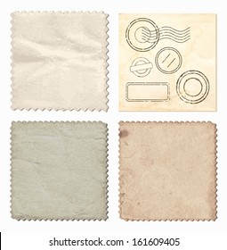Set of old square stamps (can be useful as a vintage backgrounds) + postage stamps on a vintage paper spotted background. 