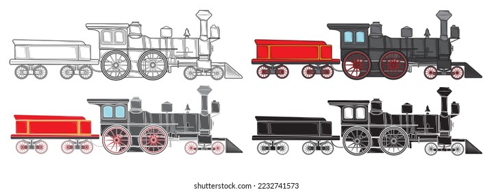 Set of Old steam locomotive in isolate on white background, vector illustration