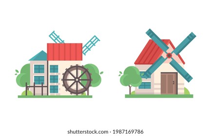 Viejos molinos de piedra, antiguos molinos de viento Rurales Edificios de dibujos animados Ilustración vectorial