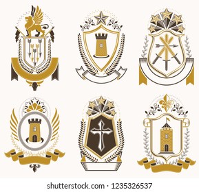Set of old style heraldry vector emblems, vintage illustrations decorated with monarch accessories, towers, pentagonal stars, weapon and armory. Coat of Arms collection.