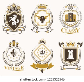 Set of old style heraldry vector emblems, vintage illustrations decorated with monarch accessories, towers, pentagonal stars, weapon and armory. Coat of Arms collection.