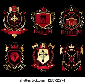 Set of old style heraldry vector emblems, vintage illustrations decorated with monarch accessories, towers, pentagonal stars, weapon and armory. Coat of Arms collection.