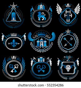 Set of old style heraldry vector emblems, vintage illustrations decorated with monarch accessories, towers, pentagonal stars, weapon and armory. Coat of Arms collection.