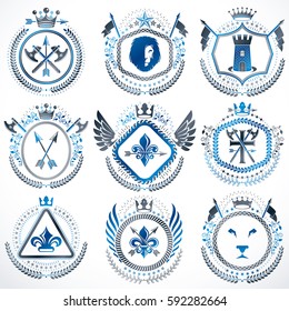 Set of old style heraldry vector emblems, vintage illustrations decorated with monarch accessories, towers, pentagonal stars, weapon and armory. Coat of Arms collection.