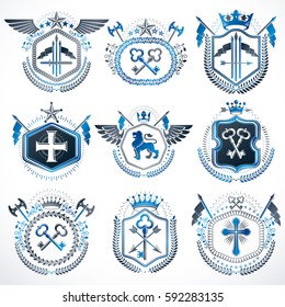 Set of old style heraldry vector emblems, vintage illustrations decorated with monarch accessories, towers, pentagonal stars, weapon and armory. Coat of Arms collection.