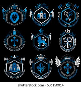 Set of old style heraldry vector emblems, vintage illustrations decorated with monarch accessories, towers, pentagonal stars, weapon and armory. Coat of Arms collection.