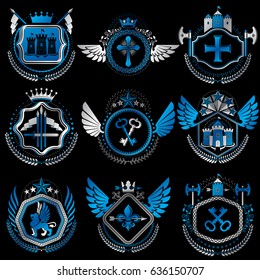 Set of old style heraldry vector emblems, vintage illustrations decorated with monarch accessories, towers, pentagonal stars, weapon and armory. Coat of Arms collection.