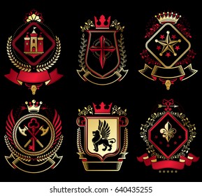 Set of old style heraldry vector emblems, vintage illustrations decorated with monarch accessories, towers, pentagonal stars, weapon and armory. Coat of Arms collection.