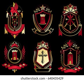 Set of old style heraldry vector emblems, vintage illustrations decorated with monarch accessories, towers, pentagonal stars, weapon and armory. Coat of Arms collection.