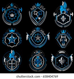 Set of old style heraldry vector emblems, vintage illustrations decorated with monarch accessories, towers, pentagonal stars, weapon and armory. Coat of Arms collection.