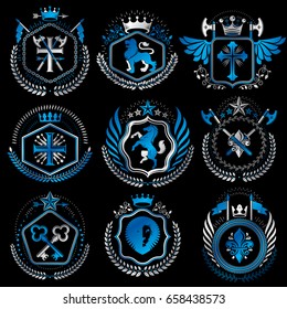 Set of old style heraldry vector emblems, vintage illustrations decorated with monarch accessories, towers, pentagonal stars, weapon and armory. Coat of Arms collection.