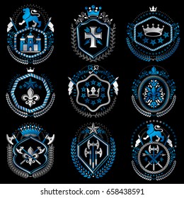 Set of old style heraldry vector emblems, vintage illustrations decorated with monarch accessories, towers, pentagonal stars, weapon and armory. Coat of Arms collection.