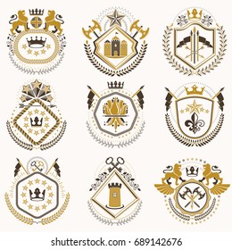 Set of old style heraldry vector emblems, vintage illustrations decorated with monarch accessories, towers, pentagonal stars, weapon and armory. Coat of Arms collection.