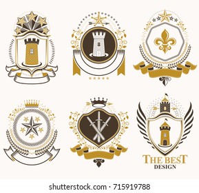 Set of old style heraldry vector emblems, vintage illustrations decorated with monarch accessories, towers, pentagonal stars, weapon and armory. Coat of Arms collection.