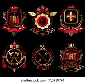 Set of old style heraldry vector emblems, vintage illustrations decorated with monarch accessories, towers, pentagonal stars, weapon and armory. Coat of Arms collection.