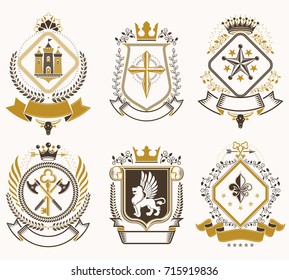 Set of old style heraldry vector emblems, vintage illustrations decorated with monarch accessories, towers, pentagonal stars, weapon and armory. Coat of Arms collection.