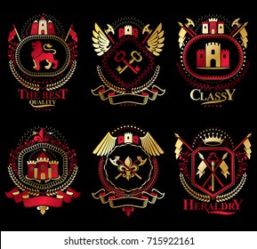 Set of old style heraldry vector emblems, vintage illustrations decorated with monarch accessories, towers, pentagonal stars, weapon and armory. Coat of Arms collection.