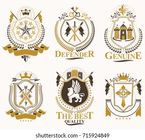 Set von heraltrocken alten Vektoremblemen, Vintage-Illustrationen mit Monarchen-Accessoires, Türmen, pentagonalen Sternen, Waffen und Rüstungen. Coat of Arms Collection