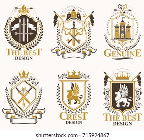 Set of old style heraldry vector emblems, vintage illustrations decorated with monarch accessories, towers, pentagonal stars, weapon and armory. Coat of Arms collection.