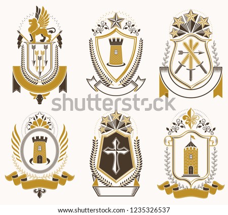 Set of old style heraldry vector emblems, vintage illustrations decorated with monarch accessories, towers, pentagonal stars, weapon and armory. Coat of Arms collection.