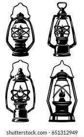 Set of old style kerosene lamps. Design elements for label, emblem, sign, badge, poster, t-shirt. Vector illustration