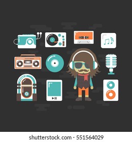 set of old style listening gadget with DJ, retro revival