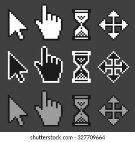 A set of old style, pixelated mouse cursors./ Mouse pointers