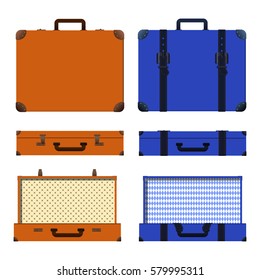 Set of old suitcases. Brown and blue retro suitcase. Vintage baggage. Vintage travel bags. Vector illustration.