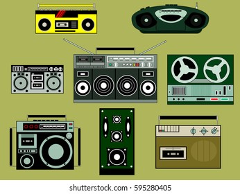 A set of old tape recorders and radios