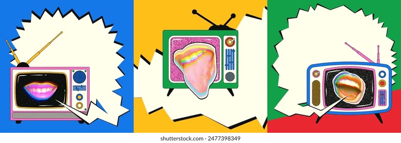 Set of old televisions with lips and speech bubbles in retro collage style. Women's colored lips with a halftone effect. Vector illustration.