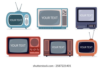 Set old televisions with text. Frame with copy space. Old media technology. 80s, old-fashioned device, classic vintage tv. Empty analog display. Cartoon flat style isolated vector set