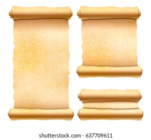 Set of old textured papyrus scrolls different shapes isolated on white