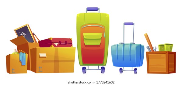 Set of old things luggage, suitcase and baggage bags, kids blackboard, wrench, bat and detergent in cardboard and wooden boxes isolated on white background. Cartoon vector illustration, icon, clip art