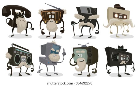 Set of old things that were popular in past but now don't used, audio tape, video tape, radio, phone, computer, boombox, vector