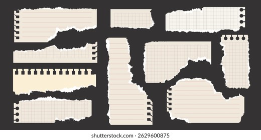 Set of old torn notebook paper pieces. Ripped paper strips. Realistic notepad sheets, scraps of notebook page, with torn edges. Vector design template in aged style.