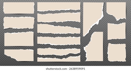 Set of old torn notebook paper pieces. Ripped paper strips. Realistic notepad sheets, scraps of notebook page, with torn edges. Vector design template.