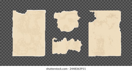 set of old torn paper isolated on a transparent background. Scraps of pages. Sheets with torn edges and scuffs. Vector illustration