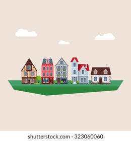 Set of old traditional architecture medieval houses. Vector Illustration