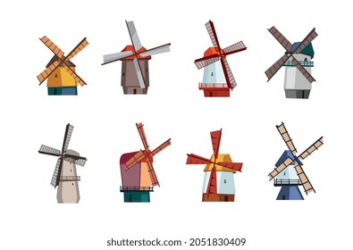 Set of old traditional dutch windmills. Agricultural stone buildings with millstones for grinding flour for bread production. Flat cartoon vector illustration isolated on white.