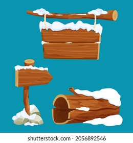 Set old tree log, arrow signboard, hanging wooden plank with rope and snow in cartoon style isolated on white background. Winter wooden textured plank, empty frame. Ui game asset