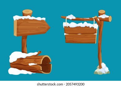 Set old tree log, arrow signboard, hanging wooden plank with rope and snow in cartoon style isolated on white background. Winter wooden textured plank, empty frame. Ui game asset