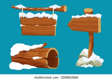 Set old tree log, arrow signboard, hanging wooden plank with rope and snow in cartoon style isolated on white background. Winter wooden textured plank, empty frame. Ui game asset