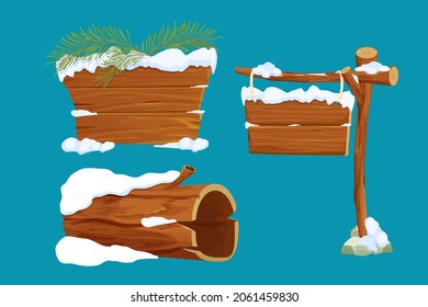 Set old tree log, arrow signboard, hanging wooden plank with rope and snow in cartoon style isolated on white background. Winter wooden textured plank, empty frame. Ui game asset