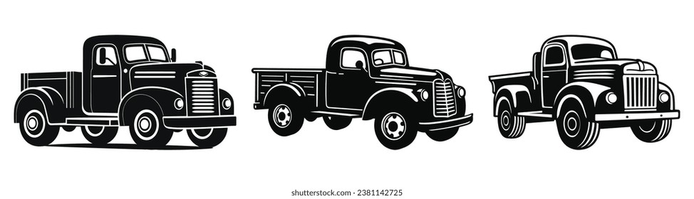 Set of Old Truck Black Color Vector Clipart