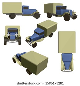 Set with an old truck from different angles. 3D. Vector illustration