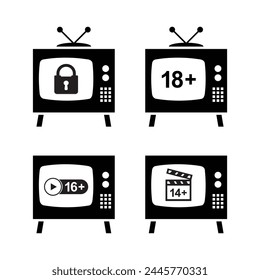 Set de televisión antigua con etiqueta de control parental, 18 plus. Pantalla de Antiguas Video con control para restricciones de Edad. Iconos o signo negro. Ilustración vectorial plana