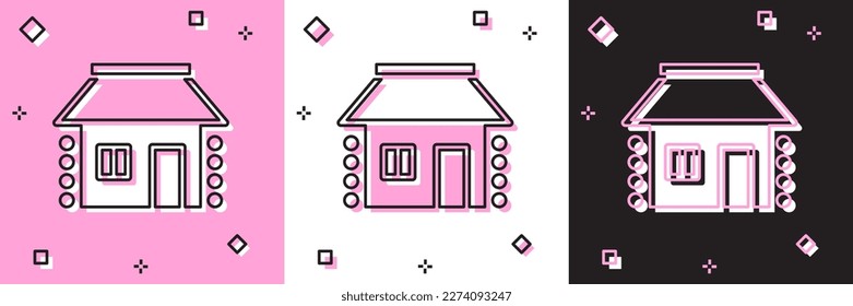 Set Old Ukrainian house hut icon isolated on pink and white, black background. Traditional village house.  Vector