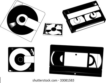 Set Of Old VHS Cassettes, Minidisks  And 8 Mm Camcorder Tape.